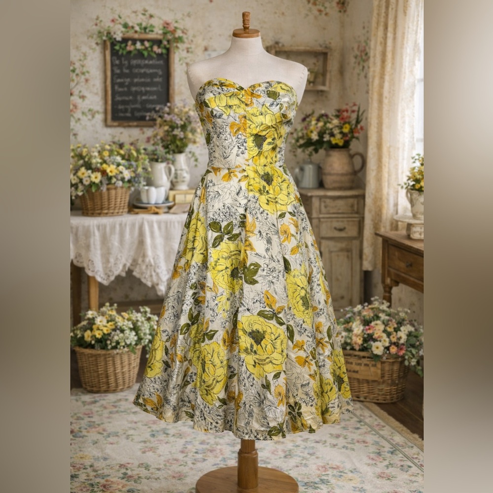 Vintage 1950’s yellow, green, & cream, strapless, silk, floral, dress